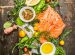 Salmon fillet with fresh healthy herbs,vegetables, oil and spices
